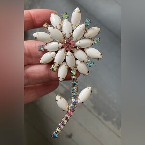 Vintage White Milk Glass Pink Blue AB Rhinestone GoldTone 4” Flower Brooch Large